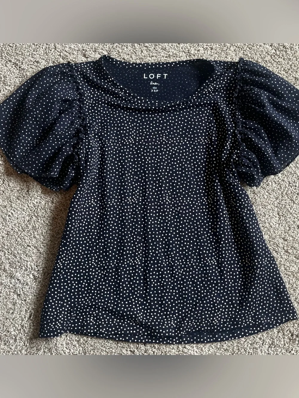 LOFT Linen Navy Polka Dot Puff Sleeve Blouse
